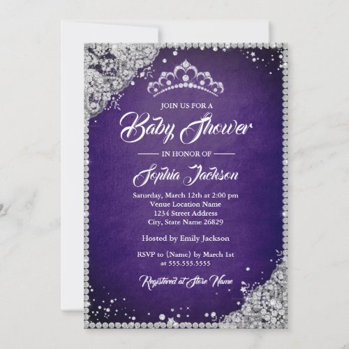 Diamond Lace Purple Silver Girl Baby Shower Invitation
