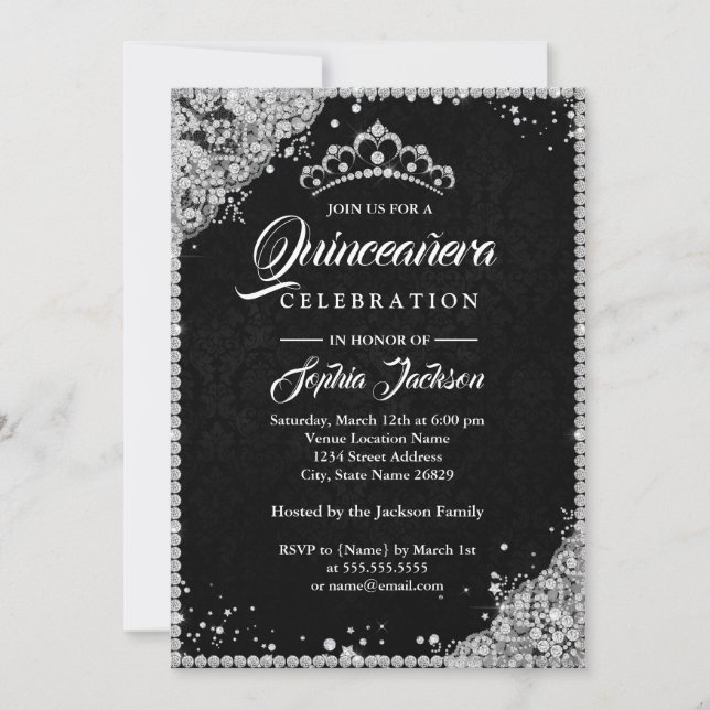 Diamond Lace Sparkle Black Silver Quinceanera Invitation (Front)