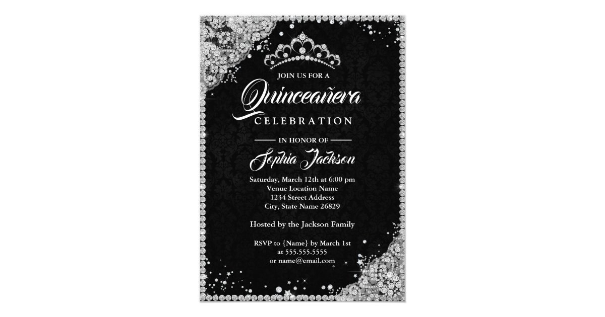 Diamond Lace Sparkle Black Silver Quinceanera Invitation | Zazzle.com