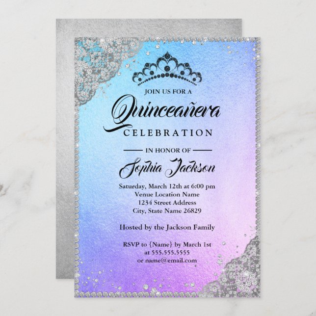Diamond Lace Sparkle Blue Purple Quinceanera Invitation (Front/Back)