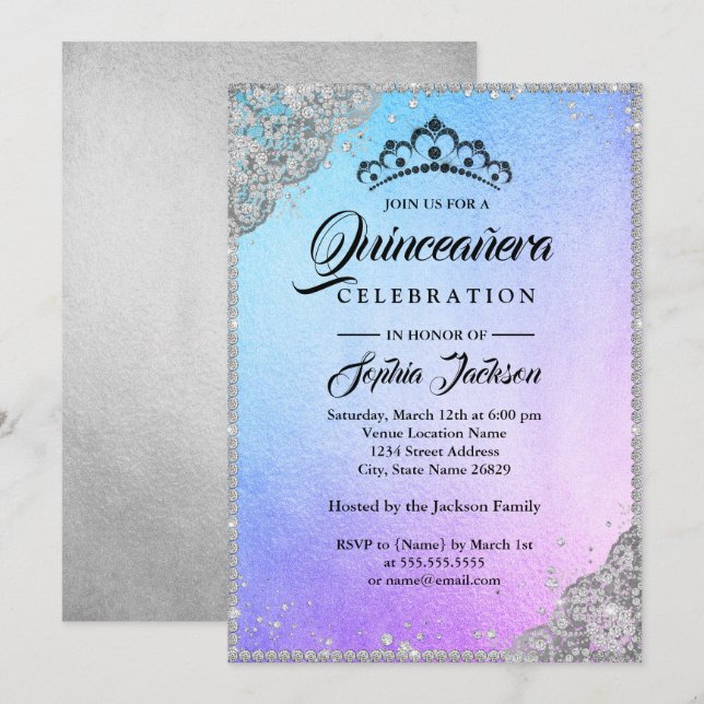 Diamond Lace Sparkle Blue Purple Quinceanera Invitation (Front/Back)