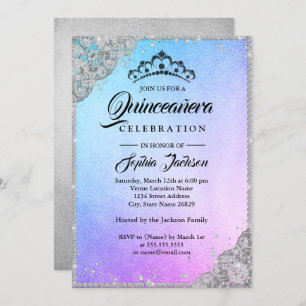 Diamond Lace Sparkle Blue Purple Quinceanera Invitation