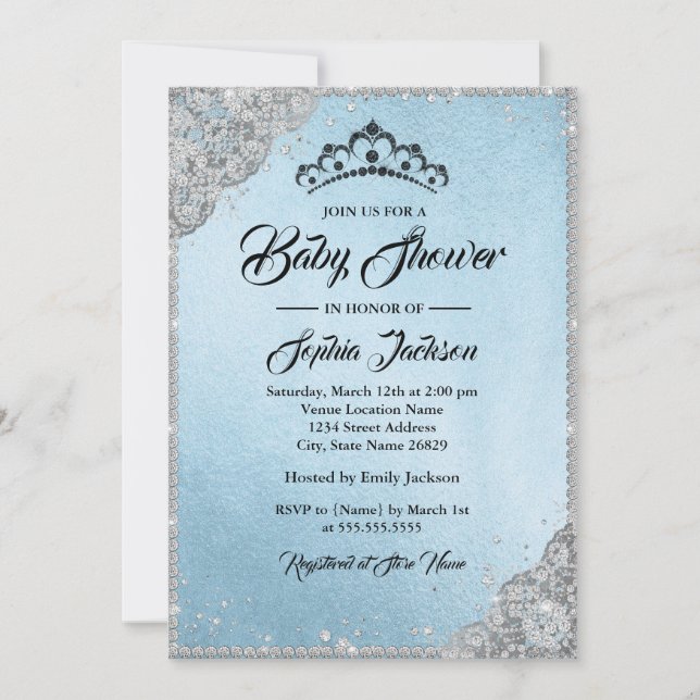 Diamond Lace Sparkle Blue Silver Baby Shower Invitation (Front)