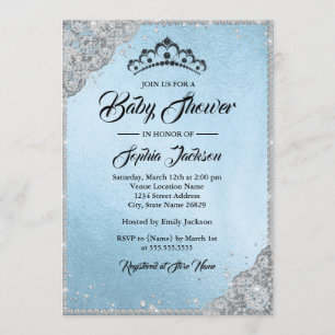 Diamond Lace Sparkle Blue Silver Baby Shower Invitation