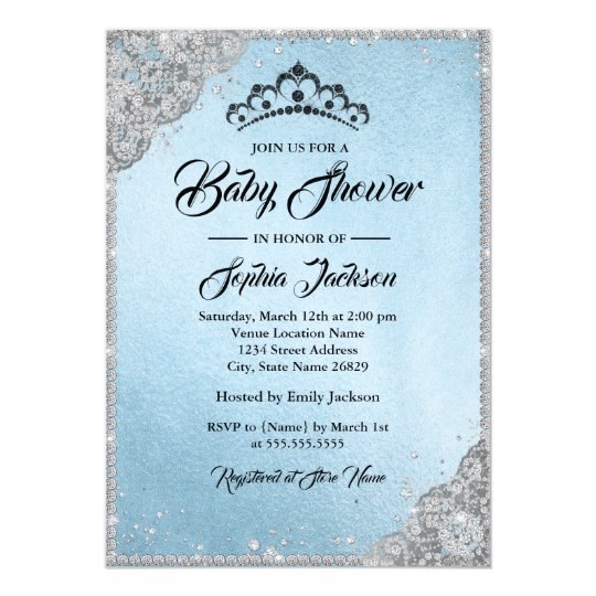 Diamond Lace Sparkle Blue Silver Baby Shower Invitation