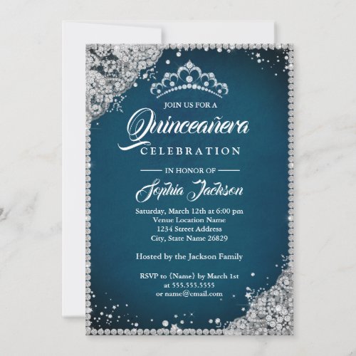 Diamond Lace Sparkle Blue Silver Quinceanera Invitation