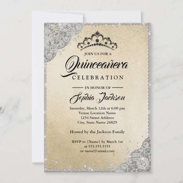 Diamond Lace Sparkle Gold Silver Quinceanera Invitation (Front)