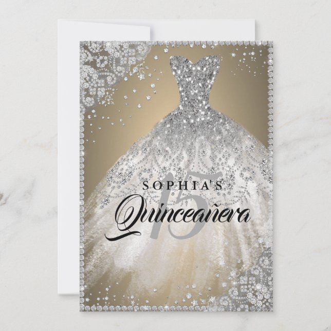Diamond Lace Sparkle Gown Gold Silver Quinceanera Invitation (Front)
