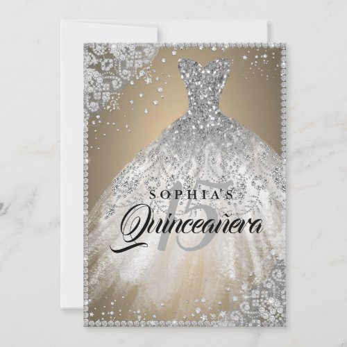 Diamond Lace Sparkle Gown Gold Silver Quinceanera Invitation