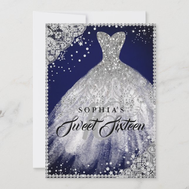 Diamond Lace Sparkle Gown Navy Silver Sweet 16 Invitation (Front)