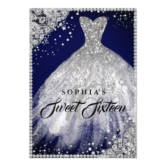 Diamond Lace Sparkle Gown Navy Silver Sweet 16 Invitation