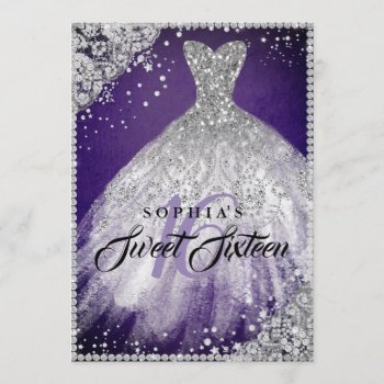 Diamond Lace Sparkle Gown Purple Silver Sweet 16 Invitation by LittleBayleigh at Zazzle