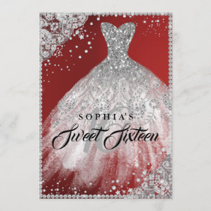 Diamond Lace Sparkle Gown Red Silver Sweet 16 Invitation
