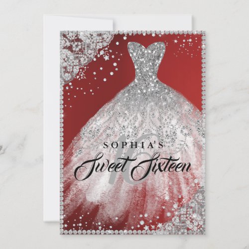 Diamond Lace Sparkle Gown Red Silver Sweet 16 Invitation