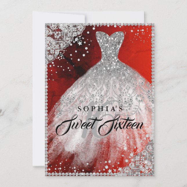 Diamond Lace Sparkle Gown Red Sweet Sixteen Invitation (Front)