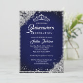 Diamond Lace Sparkle Navy Silver Quinceanera Invitation (Standing Front)