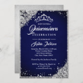 Diamond Lace Sparkle Navy Silver Quinceanera Invitation (Front/Back)
