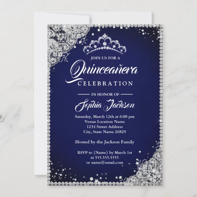 Diamond Lace Sparkle Navy Silver Quinceanera Invitation (Front)