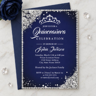 Diamond Lace Sparkle Navy Silver Quinceanera Invitation