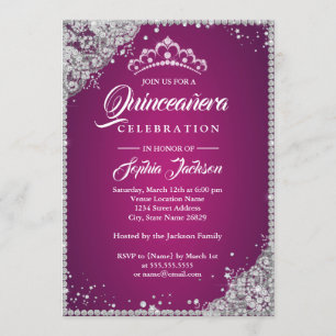 Diamond Lace Sparkle Pink Silver Quinceanera Invitation