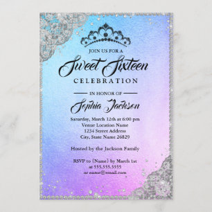 Diamond Lace Sparkle Purple Blue Sweet Sixteen Invitation