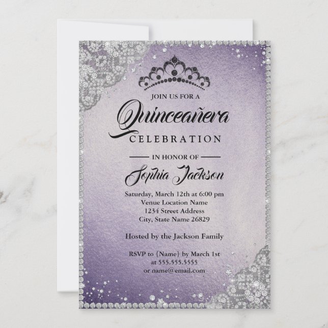 Diamond Lace Sparkle Purple Quinceanera Invitation (Front)