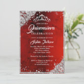 Diamond Lace Sparkle Red Silver Quinceanera Invitation (Standing Front)