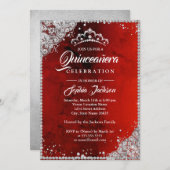Diamond Lace Sparkle Red Silver Quinceanera Invitation (Front/Back)