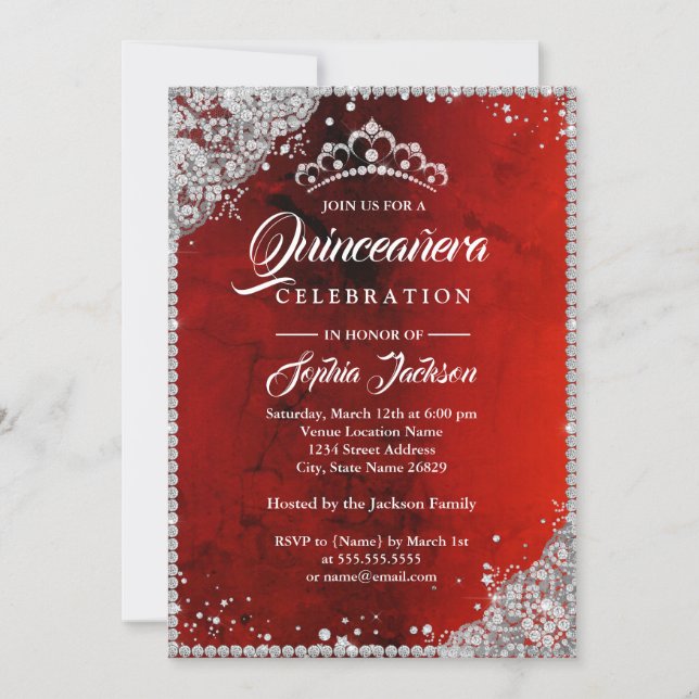 Diamond Lace Sparkle Red Silver Quinceanera Invitation (Front)