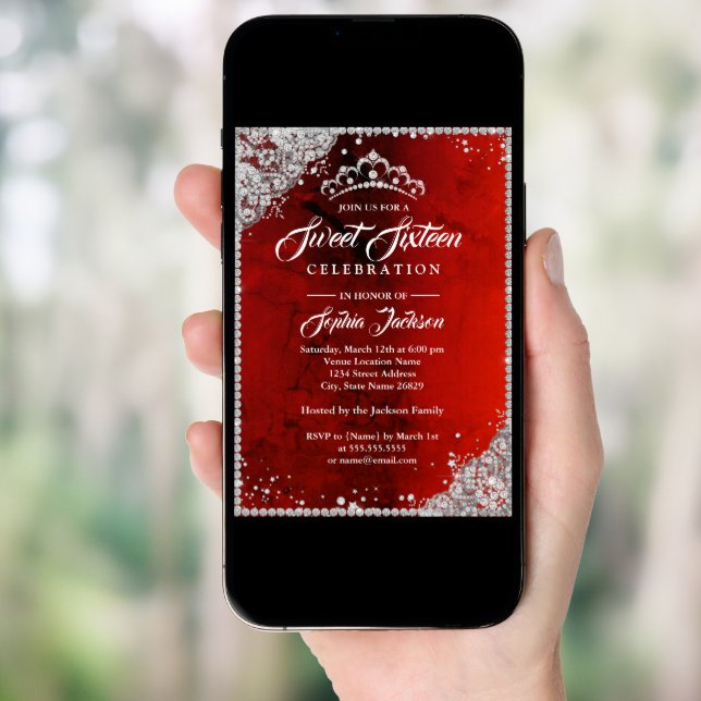 Diamond Lace Sparkle Red Sweet Sixteen Invitation (Front Digital)
