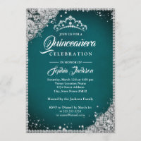 Diamond Lace Sparkle Teal Silver Quinceanera