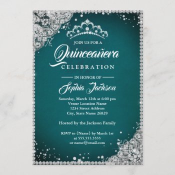 Diamond Lace Sparkle Teal Silver Quinceanera Invitation by LittleBayleigh at Zazzle