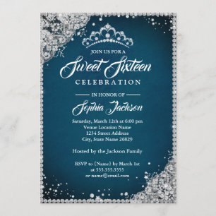 Diamond Lace Sparkle Tiara Blue Silver Sweet 16 Invitation
