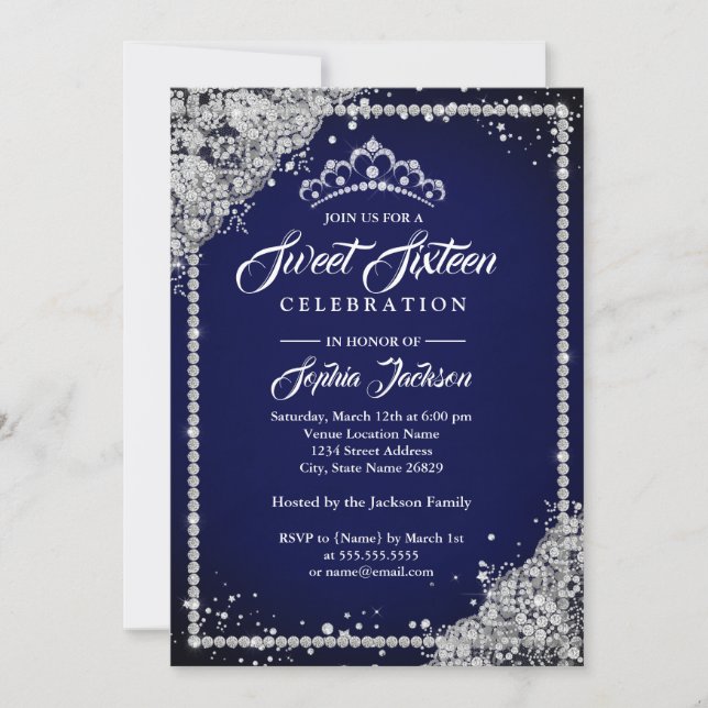 Diamond Lace Sparkle Tiara Navy Sweet Sixteen Invitation (Front)