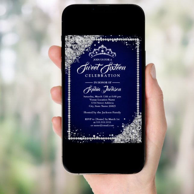 Diamond Lace Sparkle Tiara Navy Sweet Sixteen Invitation (Front Digital)