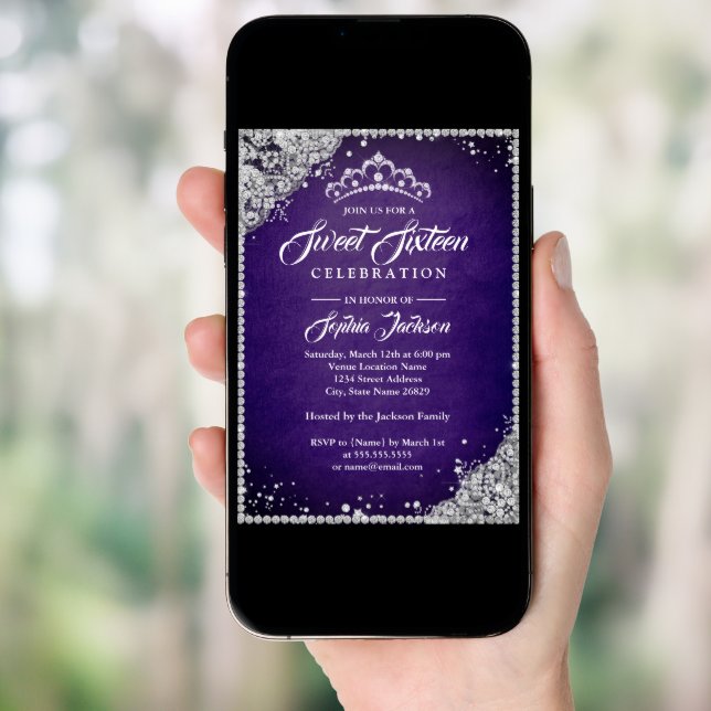 Diamond Lace Sparkle Tiara Purple Sweet Sixteen Invitation (Front Digital)