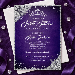 Diamond Lace Sparkle Tiara Purple Sweet Sixteen Invitation