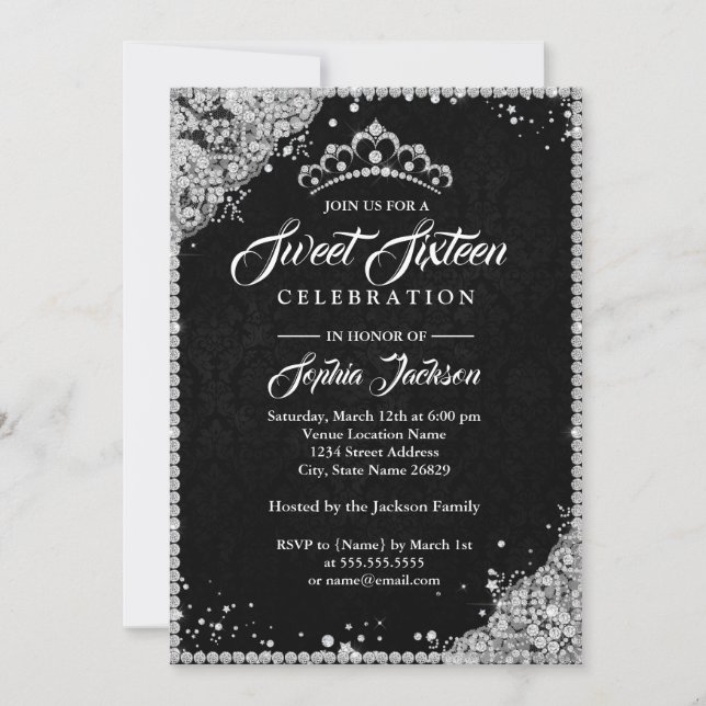 Diamond Lace Sparkle Tiara Silver Black Sweet 16 Invitation (Front)