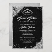 Diamond Lace Sparkle Tiara Silver Black Sweet 16 Invitation (Front/Back)