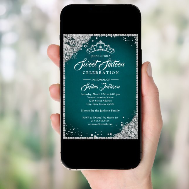 Diamond Lace Sparkle Tiara Teal Silver Sweet 16 Invitation (Front Digital)
