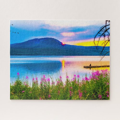 Diamond Lake Oregon Sunset Painting Jigsaw Puzzle