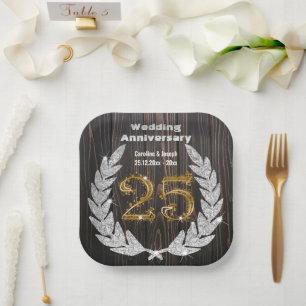 Diamond Laurel & 25TH Gold, Wedding Anniversary Pa Paper Plates