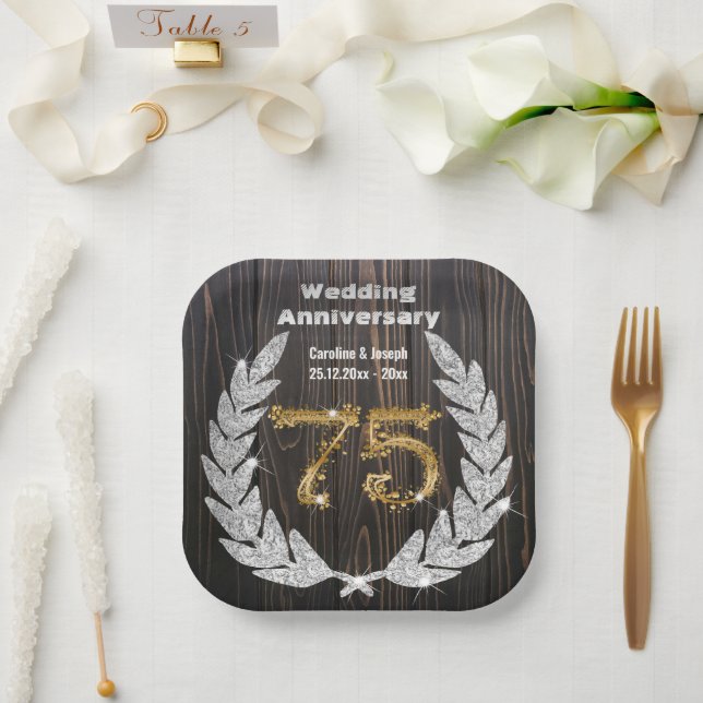 Diamond Laurel & 75TH Gold, Wedding Anniversary Pa Paper Plates (Wedding)