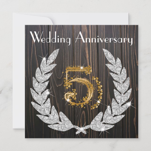 Diamond Laurel & Gold 5th Wedding Anniversary  Inv Invitation (Front)