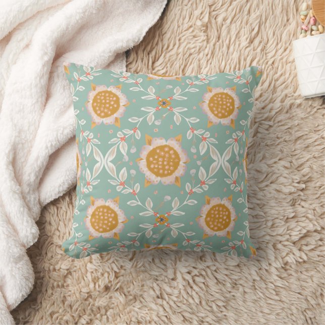 Diamond leaf and Sunflower pattern on Teal Pillow (Blanket)