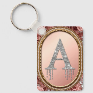 Diamond Letter A Monogram in Gold Frame with Pink  Keychain
