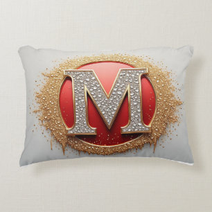 Diamond Letter M Red Medallion Gold Monogram Accent Pillow
