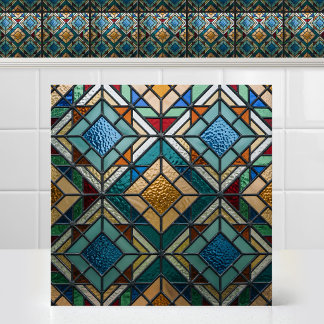 Diamond Matrix Colorful Abstract Stained Glass Art Ceramic Tile