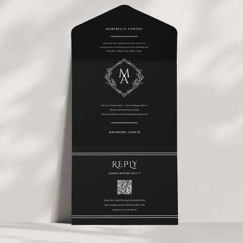 Diamond Monogram Floral Black Wedding All in One All In One Invitation