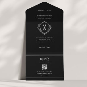 Diamond Monogram Floral Black Wedding All in One Invitation